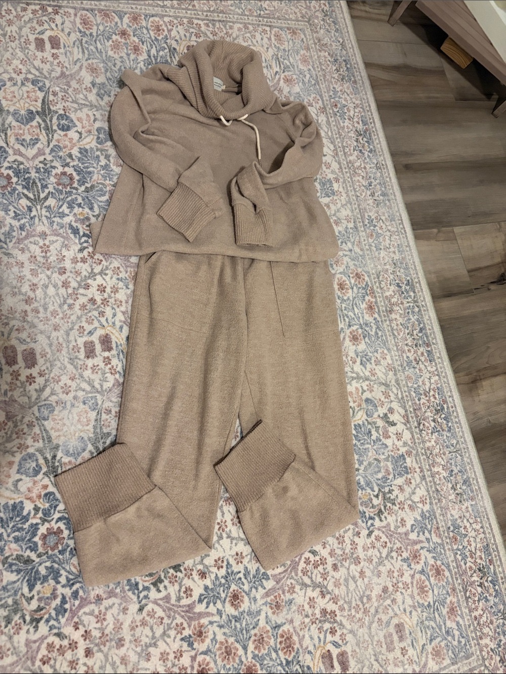 Anthropologie Taupe Knit Drawstring Joggers & Cowl Sweatshirt Set